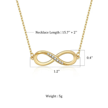 Infinity necklace dimensions, 1.2 x 0.4 in pendant, 15.7 in chain plus 2 in extender, 5 g