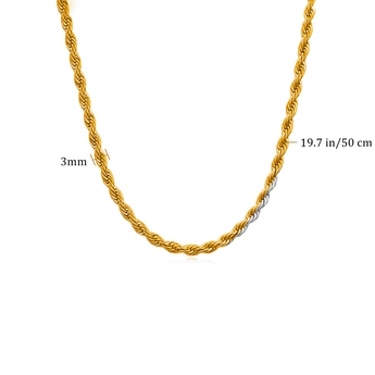 Diagrama de tamaño del collar de cadena trenzada dorada de 3 mm, longitud de 19.7 in (50 cm)