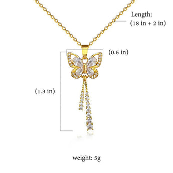 Diagrama de tamaño del collar de mariposa con borla: ancho de la mariposa de 0.6 in, caída de 1.3 in y peso de 5 g