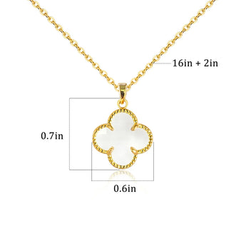 Diagrama de tamaño del collar de trébol de cuatro hojas: cadena de 16 in más 2 in y dije de 0.7 in por 0.6 in