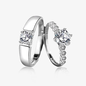 Set de anillos de pareja plateados de hombre y mujer con circonita cúbica