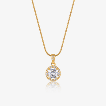 collar de cadena serpiente tono dorado con dije halo redondo de circonita cúbica