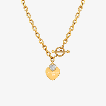 Collar de corazón dorado grabado personalizado con cierre de palanca y corazón pavé