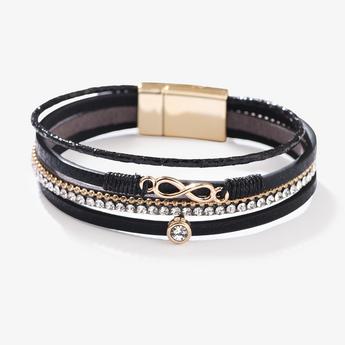 Black multilayer PU leather bracelet with gold-tone infinity charm on white background