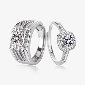 Anillos de pareja ajustables en tono plateado con circonitas cúbicas, anillos de hombre y de mujer juntos